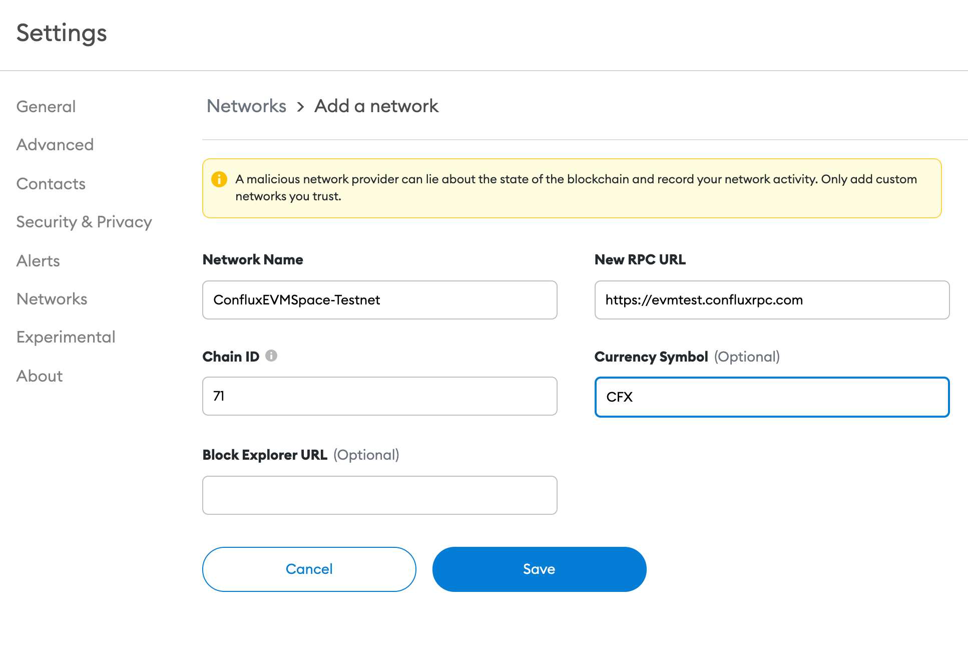 MetaMask-create-EVM-Space-rpc